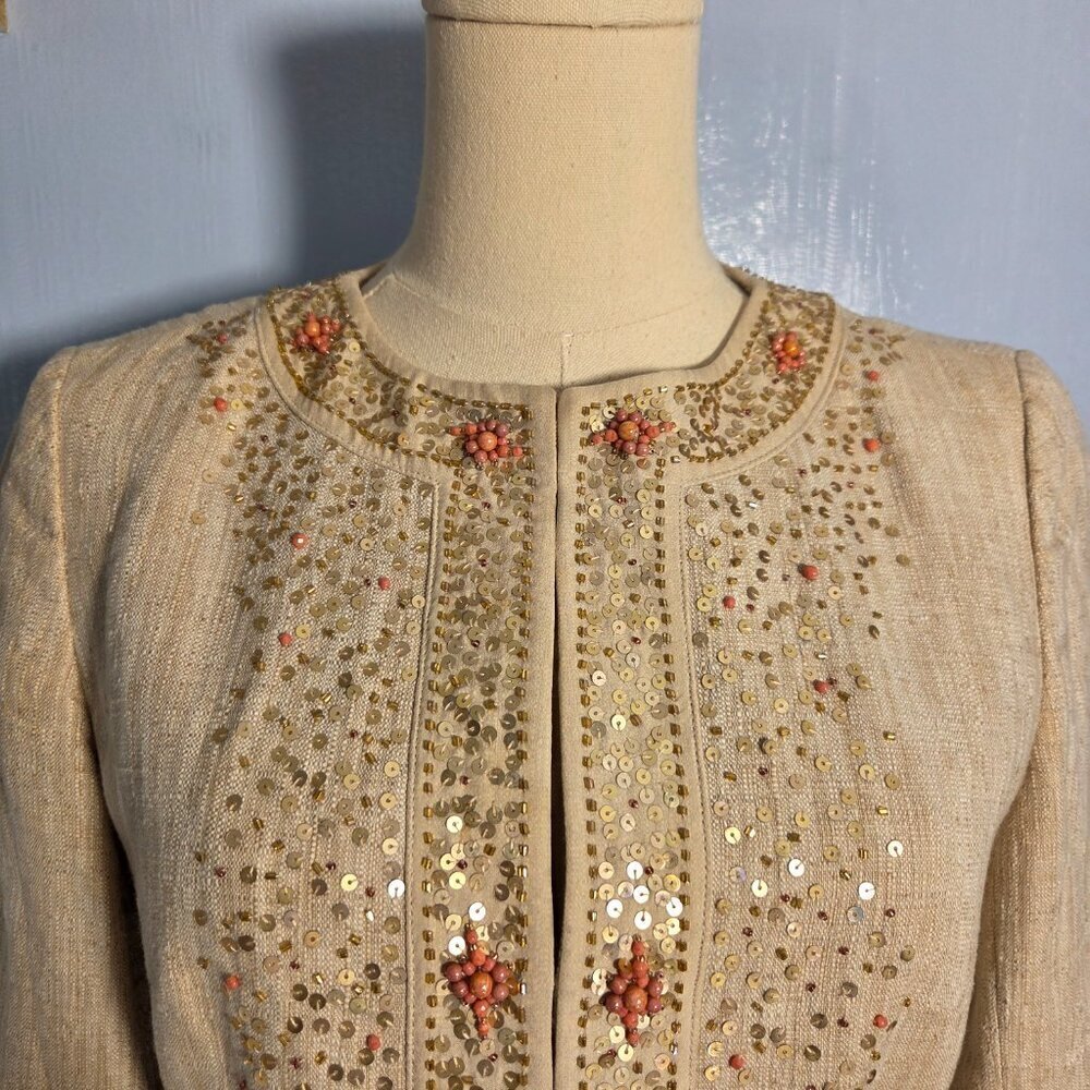 Ann Taylor Size 0 Cotton / Linen Blend Sequin Beaded Lightweight Dressy Jacket - Picture 2 of 12